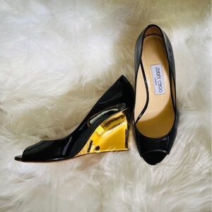 Jimmy Choo Baxen Black & Gold Open Toe Wedge. EUC!